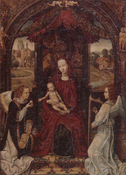 The madonna and child enthroned,attended by angels playing musical instruments